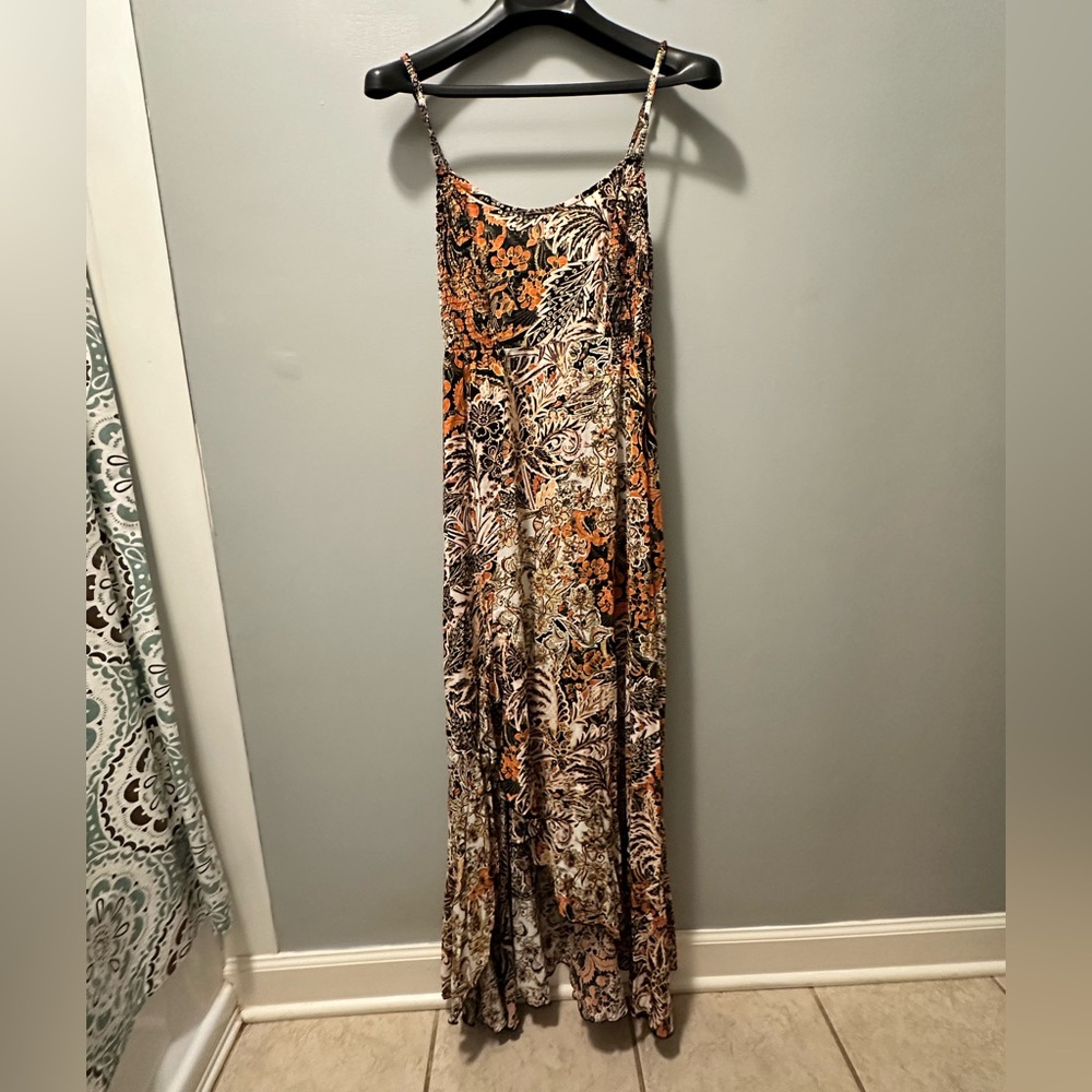Free People Spaghetti Strap Floral Maxi Dress in Orange and Brown